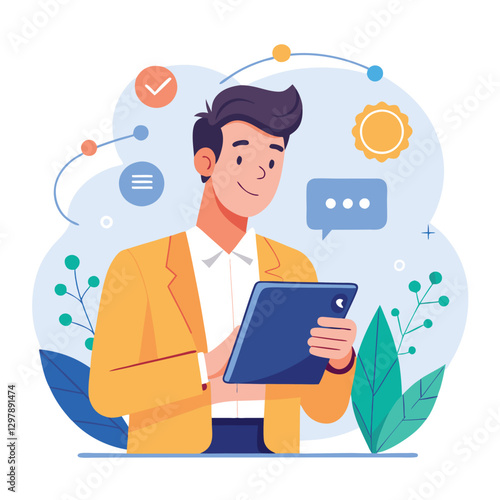 Man holding and using digital tablet computer. Tablet computer concept illustration. Vector illustration in cartoon style.