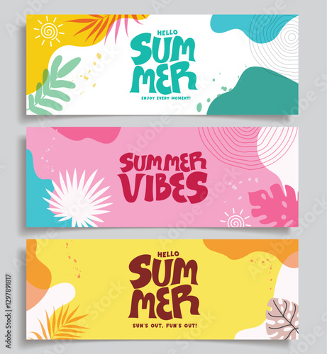 Summer vibes clipart banner set. Summer greeting card in colorful abstract clip art collection with tropical leaves elements banner template vector illustration. 
