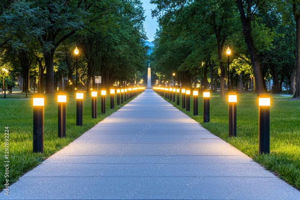 Obraz premium Illuminated walkway adorned with lights creating a magical atmosphere for evening strolls and romantic encounters