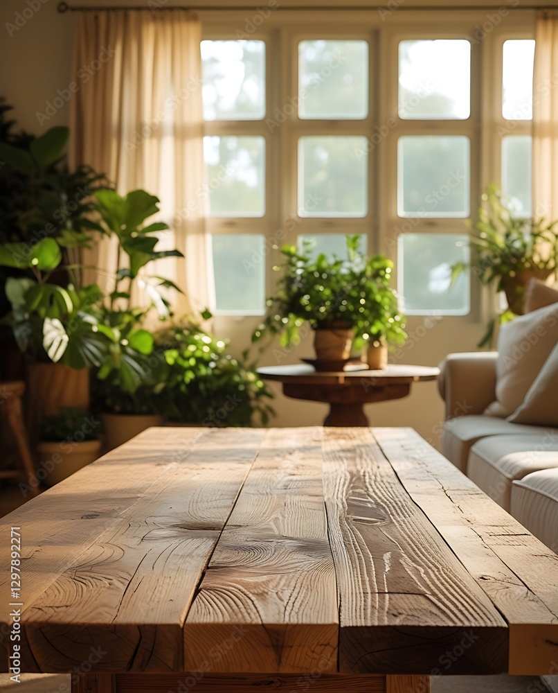 Fototapeta premium Rustic wooden dining table in a cozy living room filled with natural light and lush green plants. Warm and inviting home interior with organic textures and a peaceful atmosphere