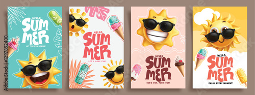 Hello summer clipart poster set. Summer greeting card clip art with sun wearing sunglasses and tropical elements in colorful background vector illustration.  
