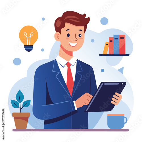 Man holding and using digital tablet computer. Tablet computer concept illustration. Vector illustration in cartoon style.