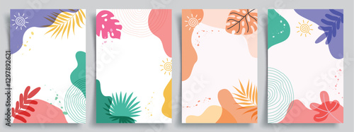 Summer abstract clipart background poster set. Summer greeting card tropical clip art background collection with colorful leaves drawing decoration elements vector illustration.  
