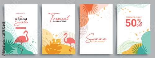 Summer sale clipart poster set. Summer tropical promo discount offer with flamingo and leaves clip art in colorful abstract background collection vector illustration. 
