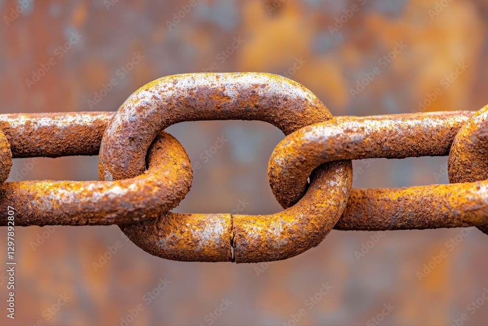 A close-up view of a rusty chain on a table displaying its weathered texture and industrial character A close-up view of a rusty chain on a table displaying its weathered texture and industrial character