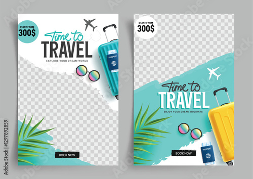 Time to travel clipart template set. Travel online website application clip art for booking app international travelling vector illustration collection. 
