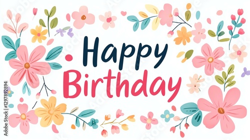 Happy Birthday, Colorful floral birthday greeting card design.