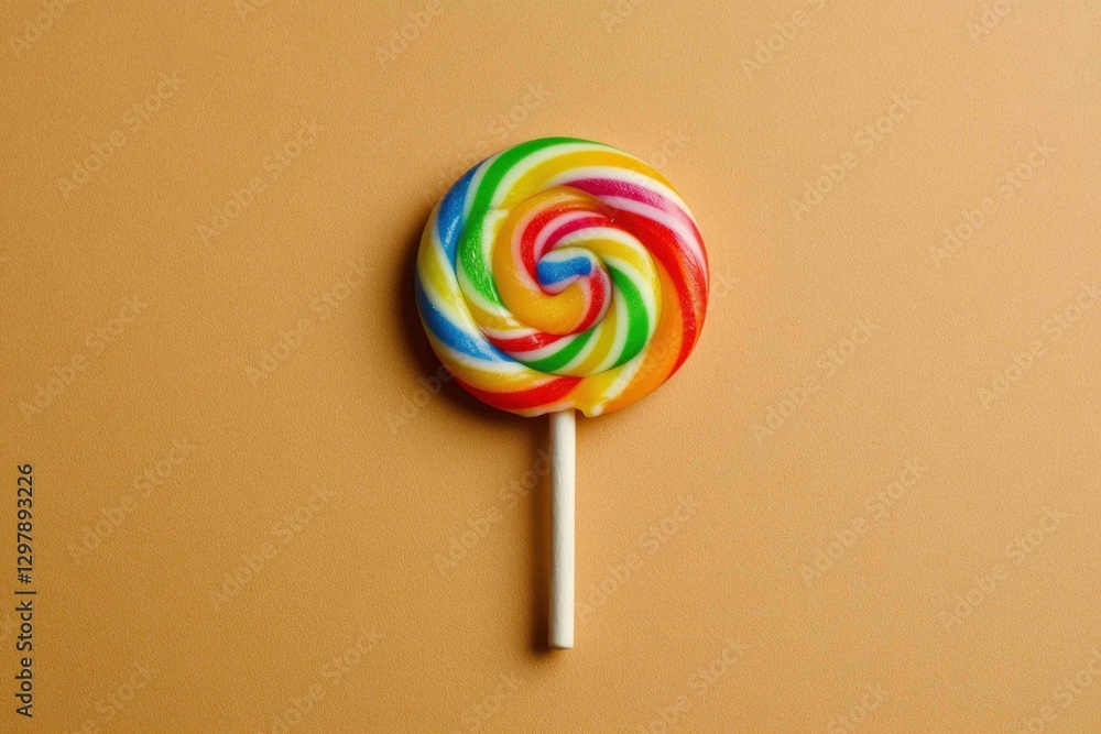A colorful rainbow swirl lollipop presented on a simple background A colorful rainbow swirl lollipop presented on a simple background