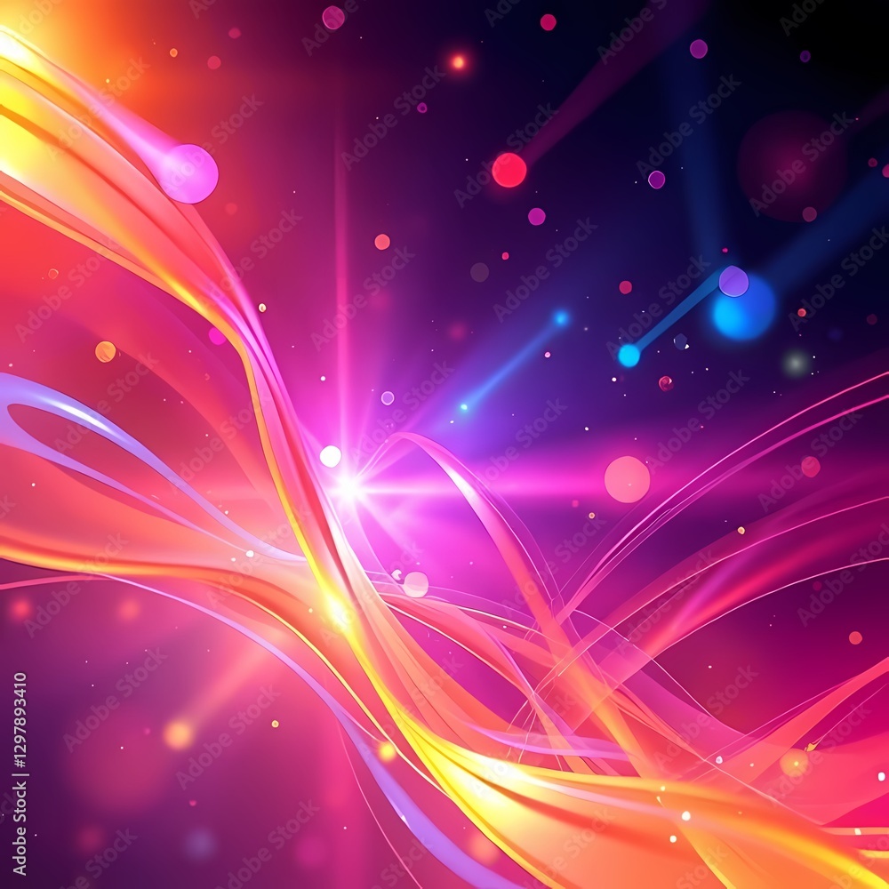 Fototapeta premium Sunset gradient ribbons of coral and gold streaming with warm bokeh highlights against a midnight canvas 