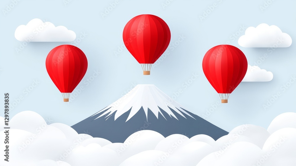 Obraz premium Mount Fuji and hot air balloons vector design vibrant red balloons floating above clouds for travel background adventure illustration