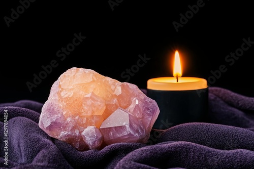 A calming scene featuring a crystal and candle on a dark background to promote relaxation. photo