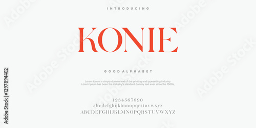 Konie Abstract Fashion font alphabet. Typography typeface uppercase lowercase and number. vector illustration