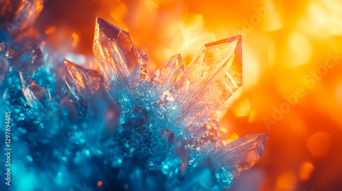 Winter background with hoar frost. Beautiful ice crystals during cold weather, close-up view.