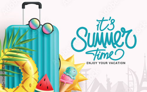 Summer time clipart design. Summer travel vacation clip art with luggage, floaters and sun tropical elements for international destination vector illustration.  
