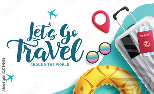 Travel tour clipart design. Let's go travel text with luggage bag, mobile phone, passport and ticket elements for vacation travelling international destination clip art vector illustration. 
