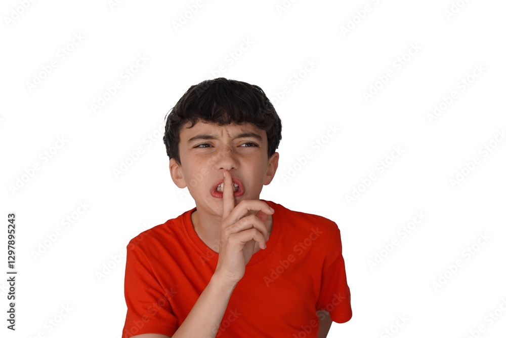 preadolescent boy with finger in mouth gesturing for silence. with red t-shirt and white background