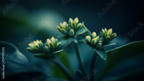 Closeup of exquisite teal green flower buds blooming in nature dark leaf plant macro image fresh