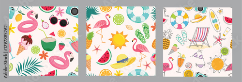 Summer elements seamless clipart set. Summer drawing and outline elements clip art collection with flamingo, sun, watermelon, hat and chair continuous background vector illustration.  
