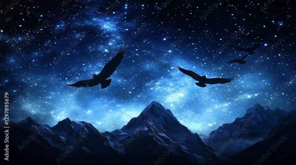 Fototapeta premium Mystical flight nightscape celestial mountains ethereal bird silhouettes under vast starry cosmos breathtaking serenity and awe