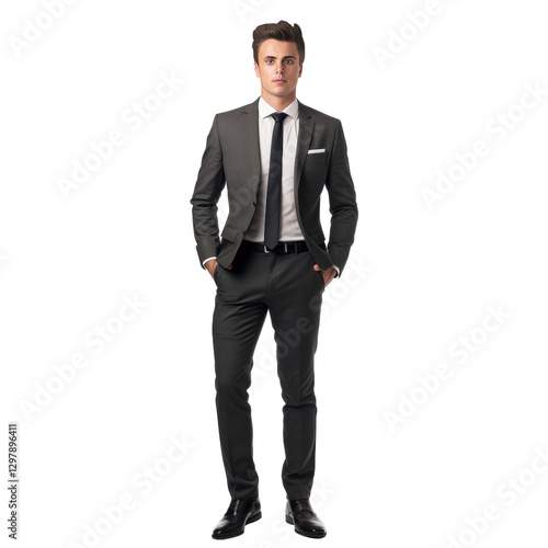 A man in a gray suit and white shirt. isolated on transparent background