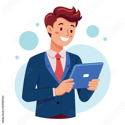 Man holding and using digital tablet computer. Tablet computer concept illustration. Vector illustration in cartoon style.