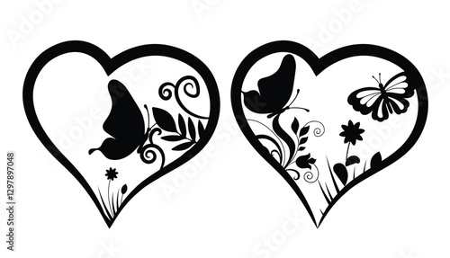 Butterfly floral design on heart shape laser cut, moth svg design for t-shirt and mug, insect out paper cut design.