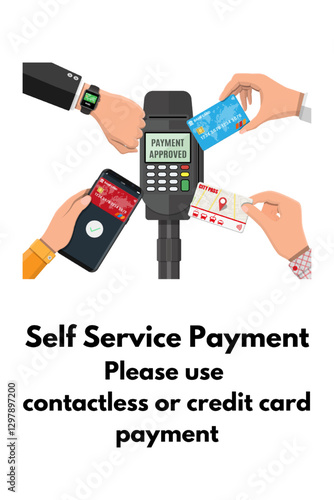 A vector illustration of contactless payment using a smartwatch, smartphone, credit card, and city pass on a POS terminal. Modern cashless transaction concept with "Payment Approved" display.