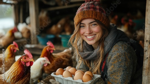 A happy female farmer wearing warm clothing holds freshly collected eggs in a rustic chicken coop