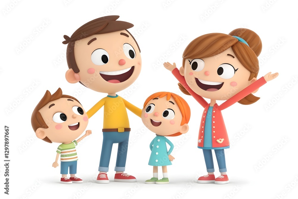 Cute 3D Smiling Family Set – Loving Parents and Cheerful Kids in Full-Body View Cute 3D Smiling Family Set – Loving Parents and Cheerful Kids in Full-Body View