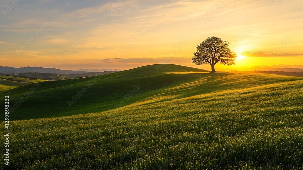 Sunset over rolling green hills with lone tree and serene landscape Sunset over rolling green hills with lone tree and serene landscape