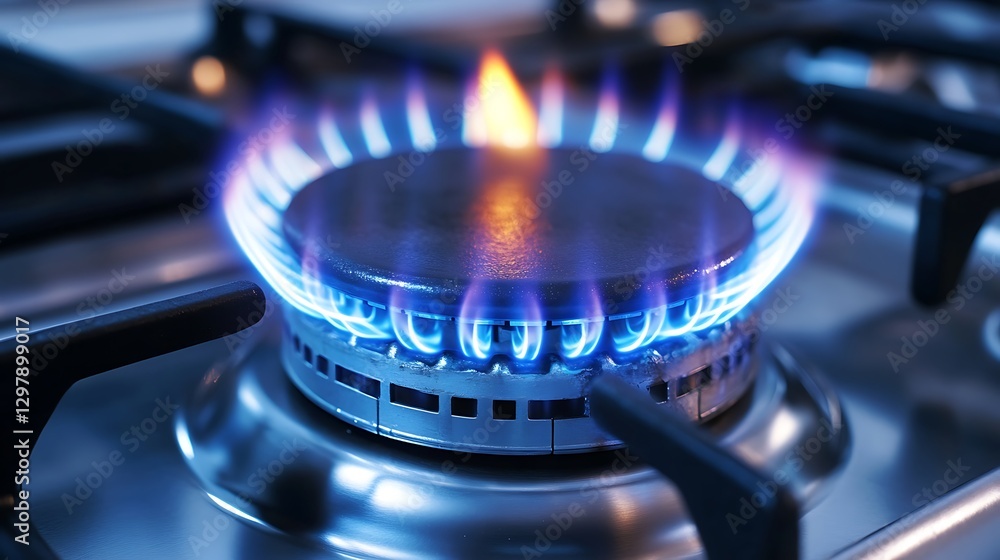 Kitchen gas stove burner with blue flame symbolizing rising energy costs Kitchen gas stove burner with blue flame symbolizing rising energy costs