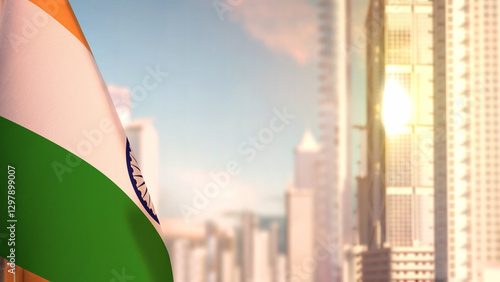 flag of India on city skyscrapers buildings vanilla sundown background for national celebration - abstract 3D illustration