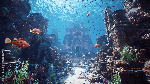 Fototapeta Naklejka Na Ścianę i Meble -  A video game scene of a coral reef with a group of fish swimming around a castle
