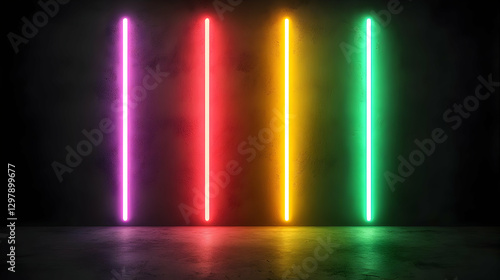 Colorful Neon Light Bars Reflecting on a Dark Concrete Surface