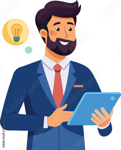 Man holding and using digital tablet computer. Tablet computer concept illustration. Vector illustration in cartoon style.