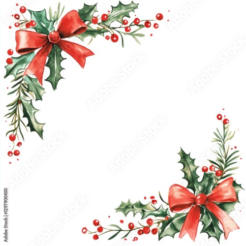 Watercolor Christmas corner frame with holly, berries, and red bows.
