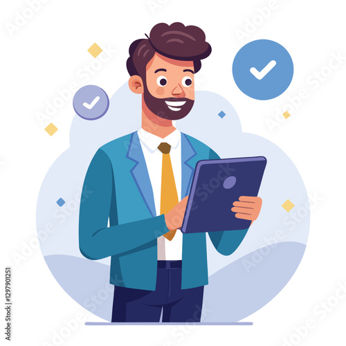 Man holding and using digital tablet computer. Tablet computer concept illustration. Vector illustration in cartoon style.