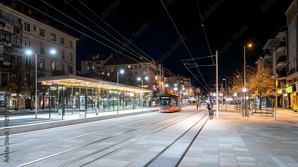 Obraz premium Nighttime City Streetscape With Illuminated Buildings And Traffic Along Roadside