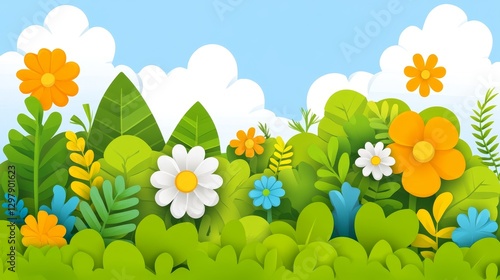 Delightful Spring Meadow Illustration with Colorful Flowers Verdant Foliage and Fluffy Clouds Serene Nature Scene Backdrop Concept