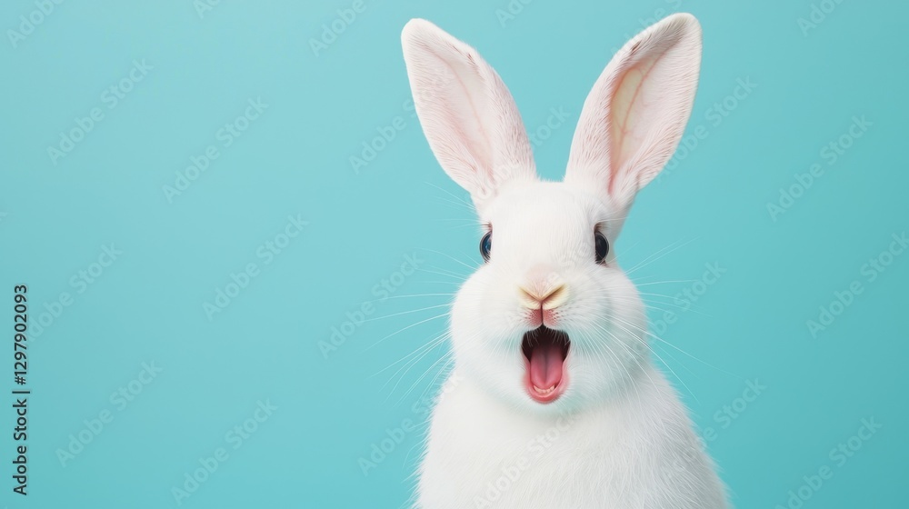 Cute White Rabbit with Large Ears and Open Mouth Against a Bright Teal Background in Studio Setting Cute White Rabbit with Large Ears and Open Mouth Against a Bright Teal Background in Studio Setting