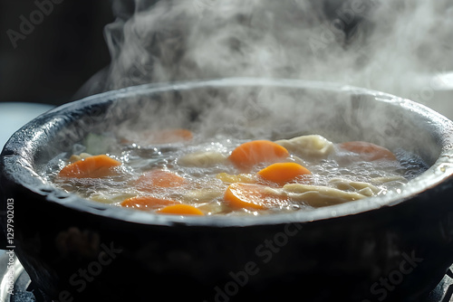 Aromatic Delight, A Close-Up of Steaming Vegetable Soup in a Dark Bowl photo