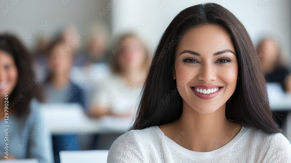 Retirement planning finance advisors guide. Smiling woman in a classroom setting, engaged and attentive. Retirement planning finance advisors guide. Smiling woman in a classroom setting, engaged and attentive.