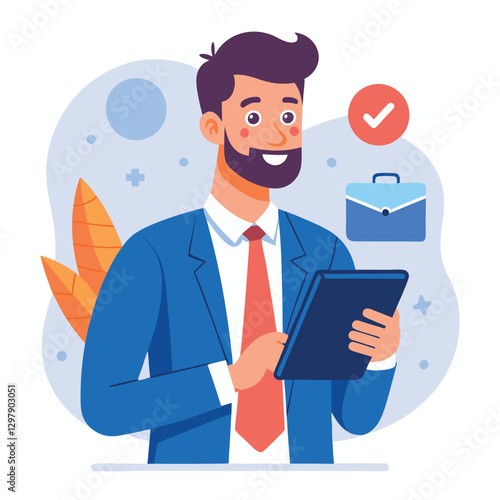 Man holding and using digital tablet computer. Tablet computer concept illustration. Vector illustration in cartoon style.