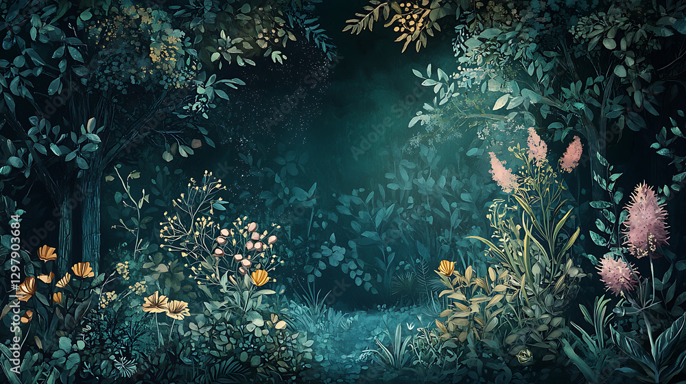 Obraz premium A painting of a forest with a path through it