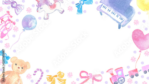 水彩風のかわいいベビー向けフレーム　おもちゃ・プレゼント・風船