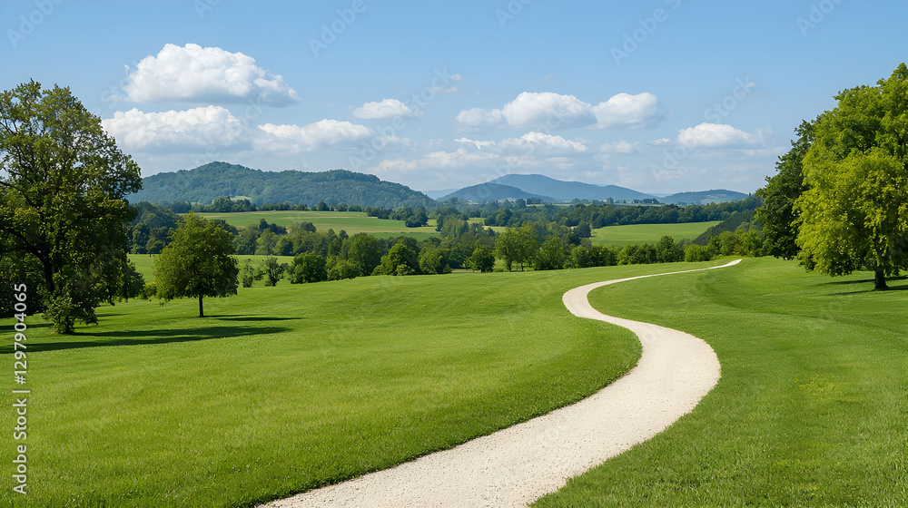 Scenic Landscape View of Green Field with Winding Path and Blue Sky with White Clouds Scenic Landscape View of Green Field with Winding Path and Blue Sky with White Clouds