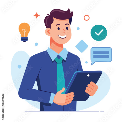 Man holding and using digital tablet computer. Tablet computer concept illustration. Vector illustration in cartoon style.