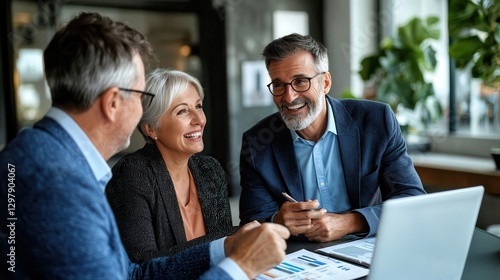 Retirement planning finance advisors guide. Business professionals collaborating in a modern office setting.