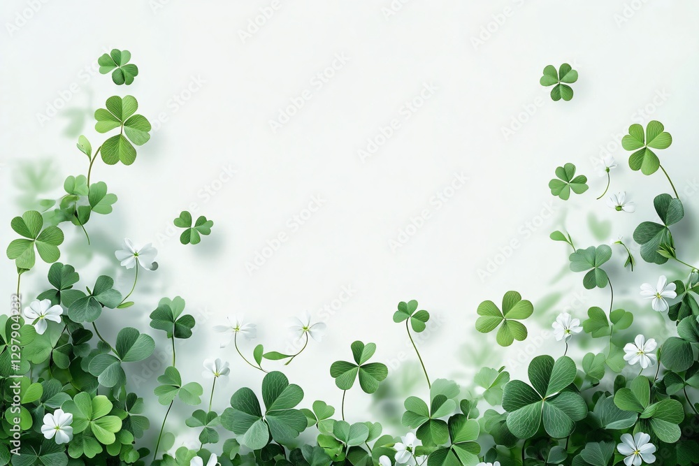 A serene composition of clover leaves and flowers on a white background, ideal for St. Patrick's Day designs, nature-themed projects, and gifts depicting luck. A serene composition of clover leaves and flowers on a white background, ideal for St. Patrick's Day designs, nature-themed projects, and gifts depicting luck.