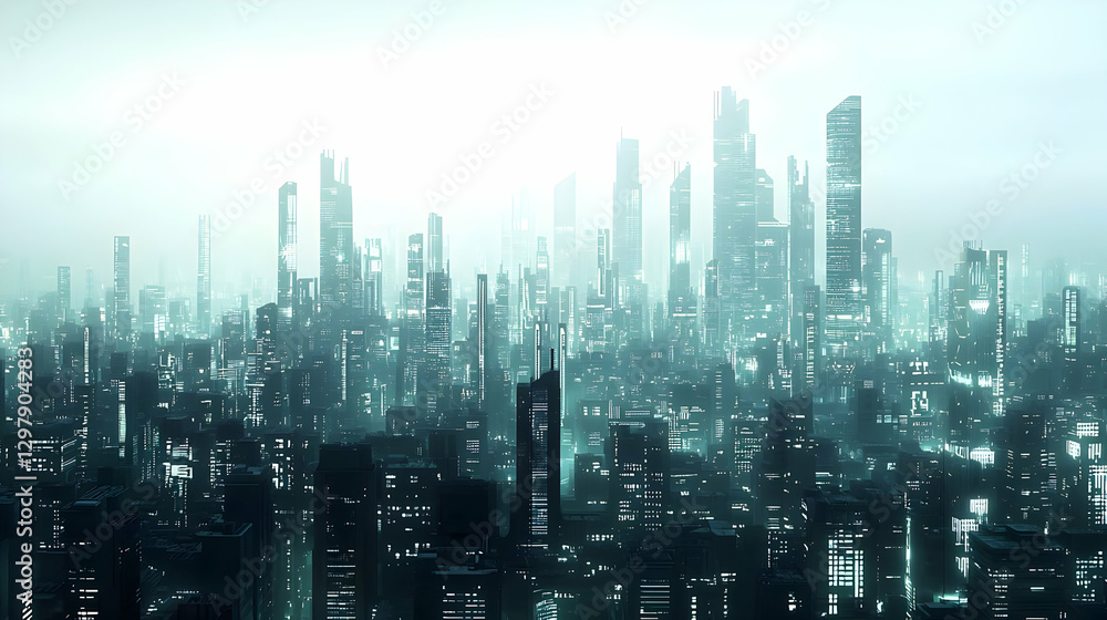 Aerial View Of Futuristic City Skyline With Illuminated Towers Against A Bright Sky Aerial View Of Futuristic City Skyline With Illuminated Towers Against A Bright Sky